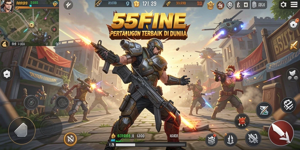 Gameplay menegangkan di 55FIVE dengan pertempuran di arena Battle Royale.
