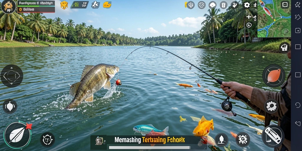 Tampilan gameplay memancing yang menakjubkan di 8QR dengan ikan yang beragam.