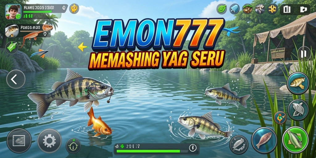 Screenshot gameplay EMON777 dengan aksi memancing yang seru.