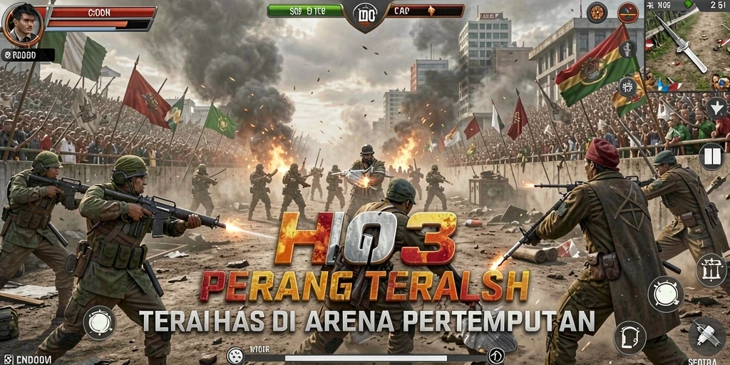 Screenshot gameplay HO3 menampilkan pertempuran dinamis di arena Battle Royale.