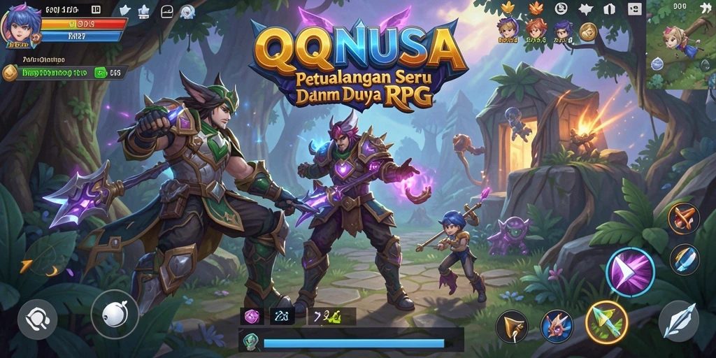 Screenshot gameplay QQNUSA menampilkan pertarungan epik di dunia fantasi.